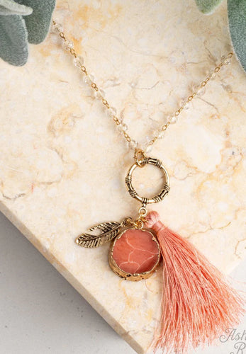 Just Peachy Beaded Necklace with Feather Charm and Peach Stone & Tassel