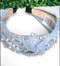 Load image into Gallery viewer, Girls Denim Headbands W/Rhinestones &amp; Pearls