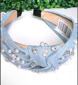 Girls Denim Headbands W/Rhinestones & Pearls