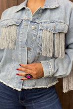 Load image into Gallery viewer, Long Sleeve Denim Jacket With Pocket &amp; Back Fringe