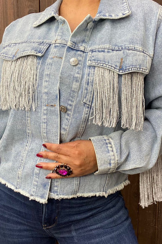 Long Sleeve Denim Jacket With Pocket & Back Fringe