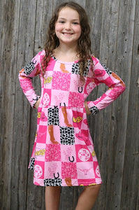 Multi-Printed Western Patches On Pink Dress