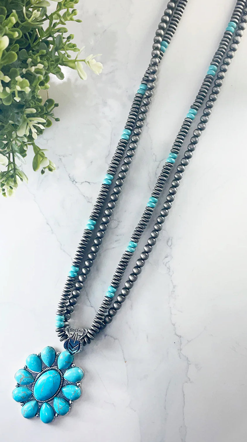 Ranch Wifey Turquoise Squash Blossom Navajo Pearls Necklace