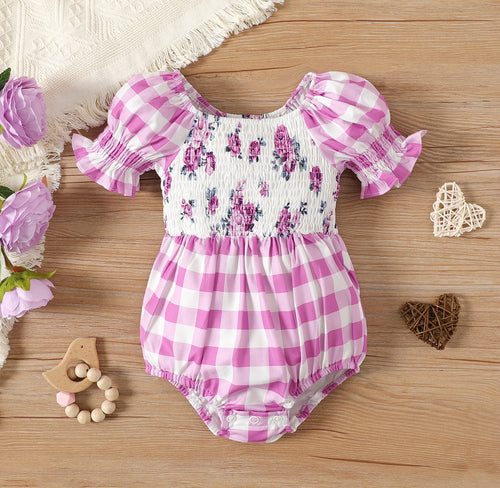 Baby Girl Plaid Puff-Sleeve Spliced Floral Shirred Romper