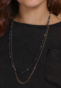 Glitz, Glam, Simple Strands Double Beaded Navy Blue Necklace with A Gold Chain