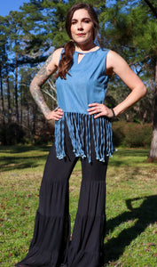 Fringe Benefits Sleeveless Chambray Top