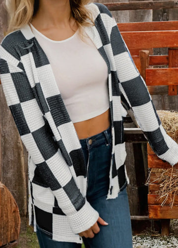 Fashion Checkered Waffle Knit Thumbhole Open Front Cardigan