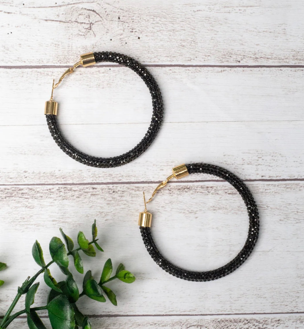 Black Beaded Hoop Earrings