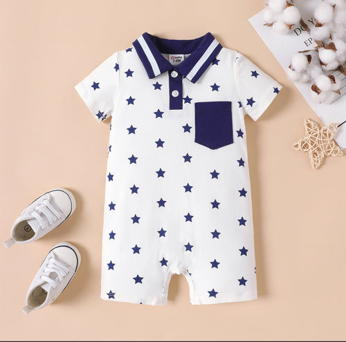 Baby Boy Allover Star Print Polo Neck Jumpsuit