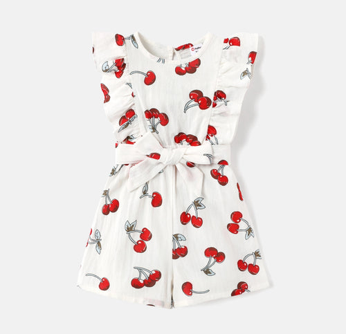 Toddler Girl Ruffled Cherry Print Belted Rompers
