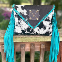 Load image into Gallery viewer, Upcycled Lv Cowhide Leather  Turquoise Fringe Crossbody Bag