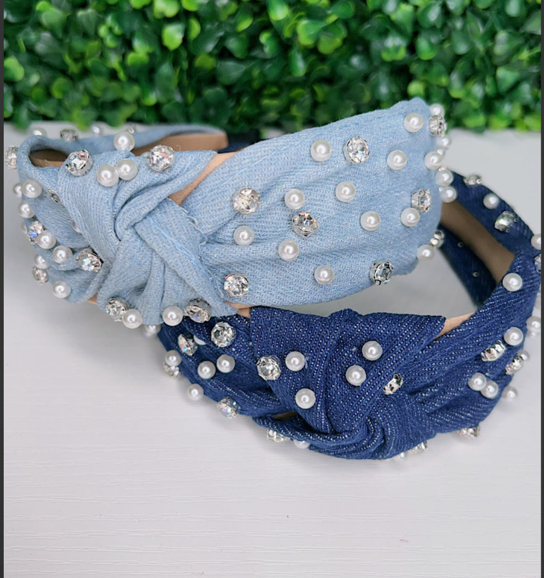 Girls Denim Headbands W/Rhinestones & Pearls