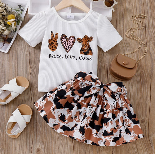 2pcs Toddler Girl Rib-Knit Top and Belted Cow Pattern Skirt