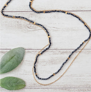 Glitz, Glam, Simple Strands Double Beaded Navy Blue Necklace with A Gold Chain