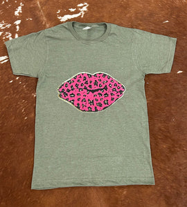 Faux Chenille Pink Leopard Lips Graphic Tee