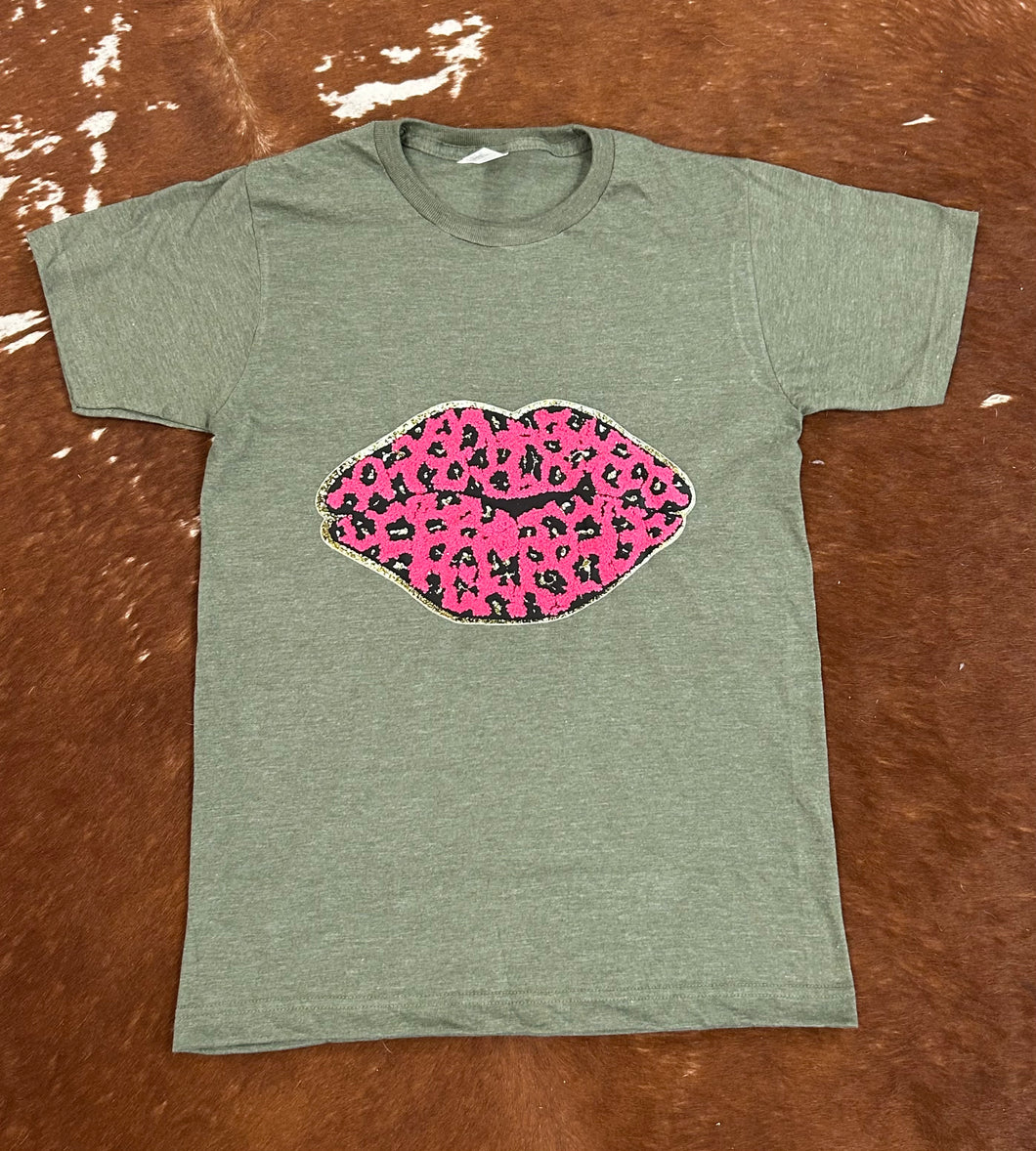 Faux Chenille Pink Leopard Lips Graphic Tee