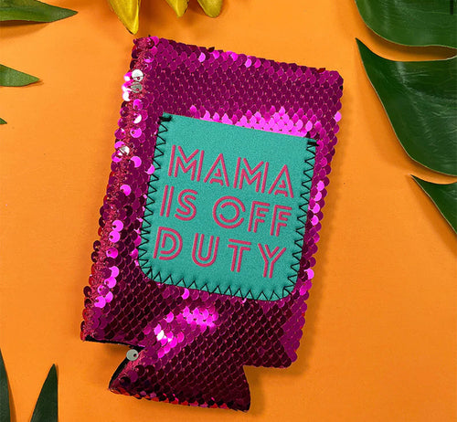 Mama Is Off Duty Hot Pink Sequin Slim Can Cooler