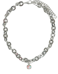 Silver Chunky Chain Necklace with AB Cushion Stone Charm