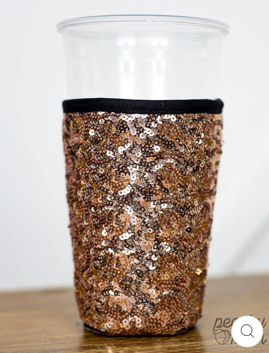 Rose Gold Sequin Sleeve Drink Holder with Black Neoprene Handle