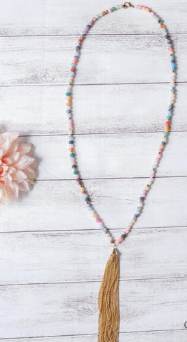 Color Me In Beautiful Gold Chain Tassel On A Multicolor Cracked Agate Beaded Necklace