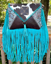 Load image into Gallery viewer, Upcycled Lv Cowhide Leather Crossbody Turquoise Fringe Boho