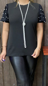 Black Top With Pearl Short Sleeves