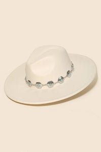 Concho Chain Strap Flat Brim Fedora Fashion Hat