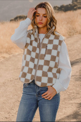 Fashion – W Checkered Sherpa Collared Jacket Vest