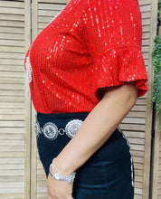 Load image into Gallery viewer, Red Sequin Top With Ruffle Sleeves