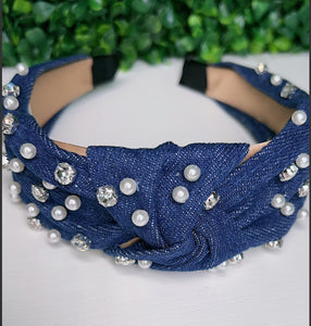 Girls Denim Headbands W/Rhinestones & Pearls