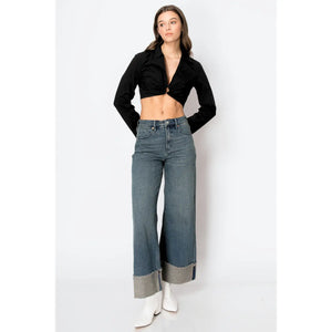 Tummy Control High Rise Cuffed A Wide Leg Jeans