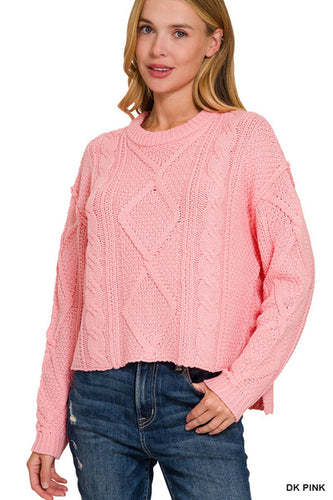 Cropped High Low Cable Sweater With Side Slits