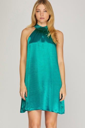 Emerald Smocked Mock Neck Satin Dress