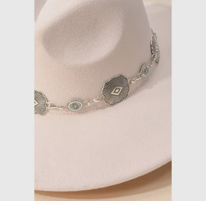 Concho Chain Strap Flat Brim Fedora Fashion Hat