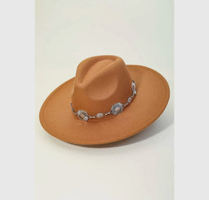 Concho Chain Strap Flat Brim Fedora Fashion Hat