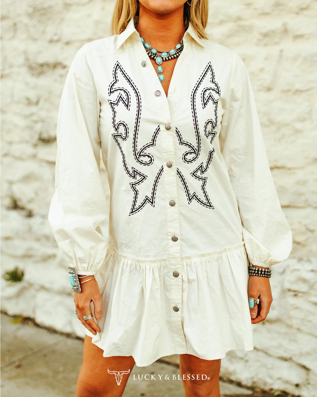 Ivory Concho Button Down Collared Tier Dress