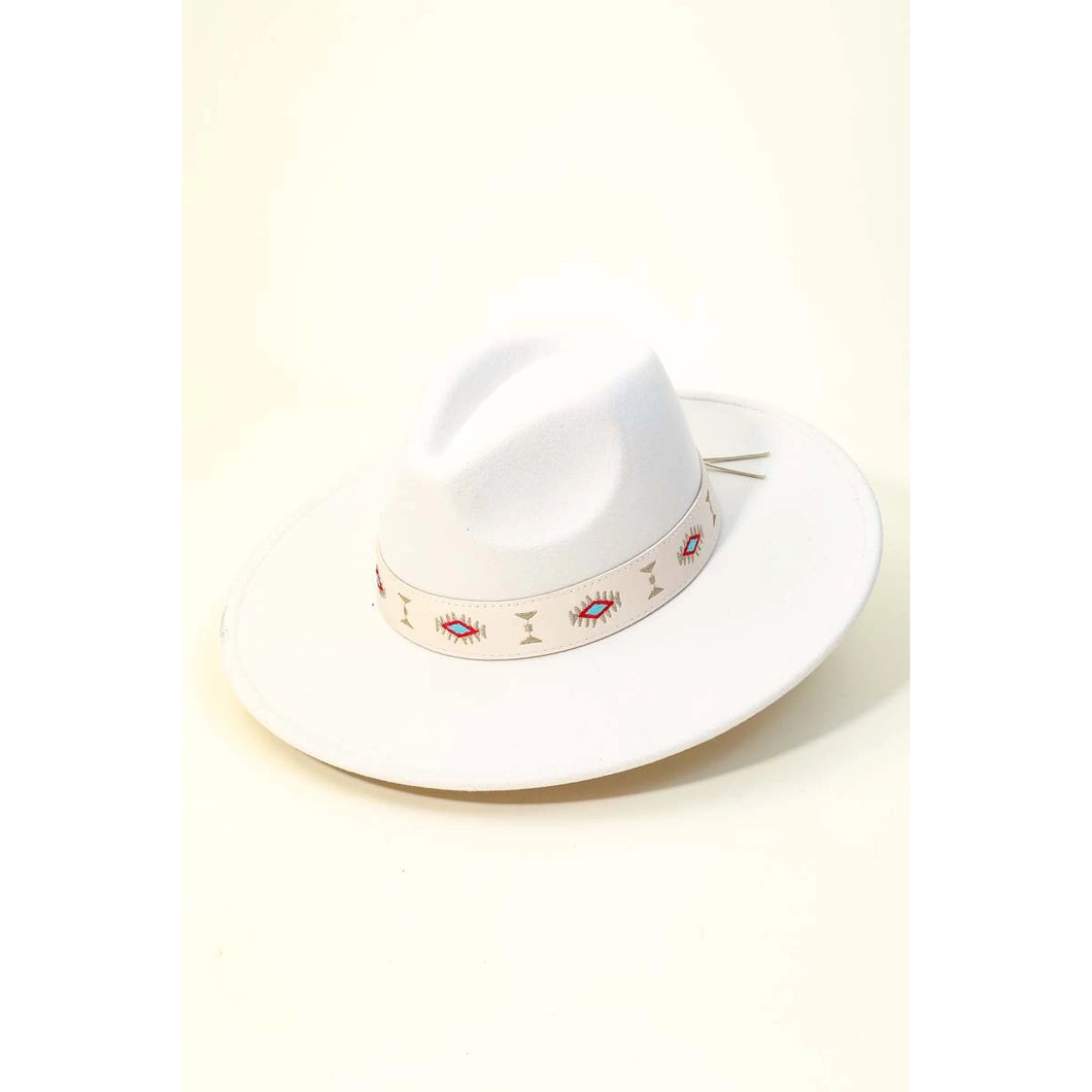Tribal Boho Design Strap Fedora Hat- Ivory