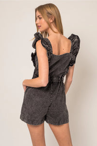 Black Ruffle Denim Romper