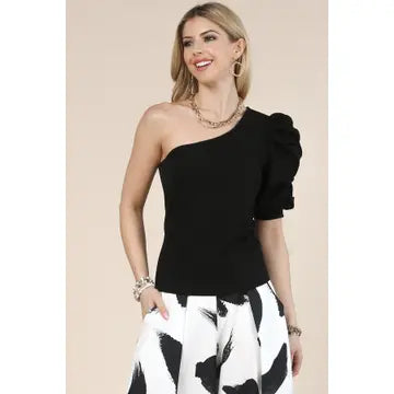 Women One Shoulder Ruched Style Top - Black