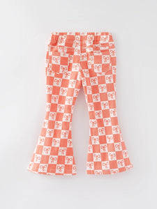 Girls Orange Bow Print Plaid Flared Jeans