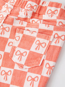 Girls Orange Bow Print Plaid Flared Jeans