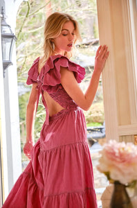 Cotton Poplin Ruffle Slv Smocked Bodice Midi Dress