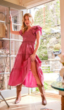 Load image into Gallery viewer, Cotton Poplin Ruffle Slv Smocked Bodice Midi Dress