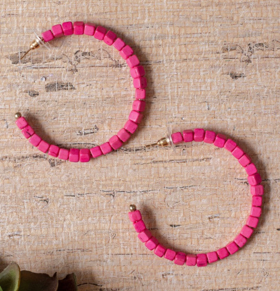 Blame It On My Roots Bright Pink Square Beaded Hoops