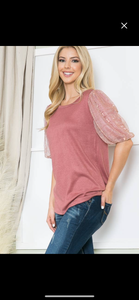 Embossed Mesh Bubble Sleeve Knit Top