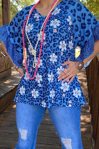 Southern Stitch Blue Floral & Leopard Print Top