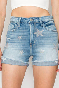 Star Rhinestone High Rise Denim Shorts