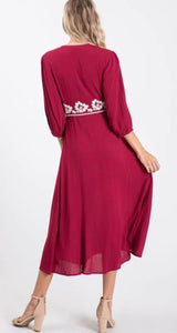 Burgundy Floral Embroidery Dress