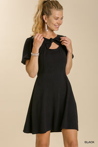 Black Linen Blend Puff Sleeve Dress