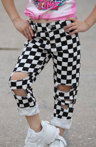 Black/White Checker Printed Distressed Denim Pants